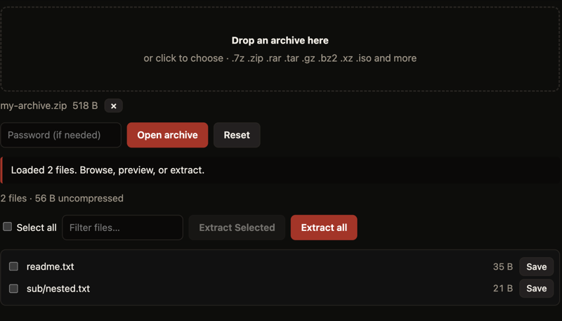 The archive extractor listing files inside a ZIP, with per-file Save buttons
