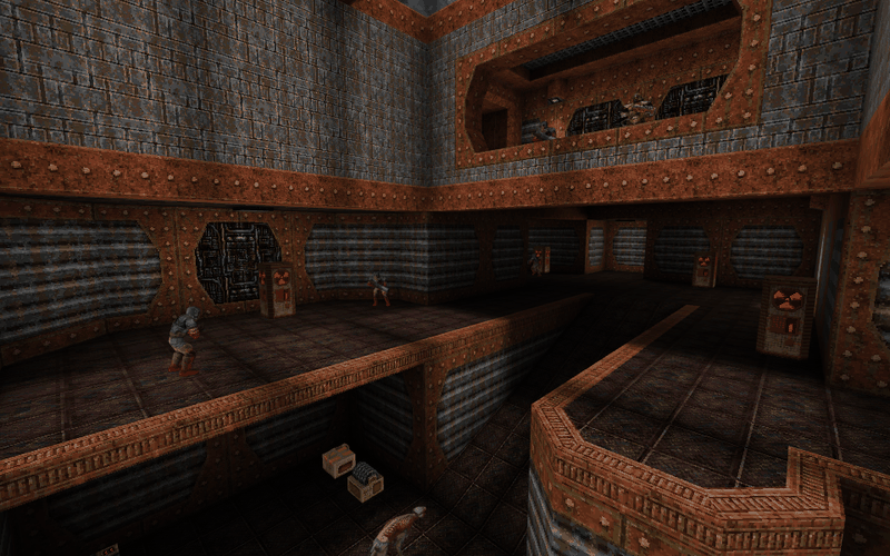 LibreQuake running in the browser — a stone and rust-metal hall with a monster on the walkway