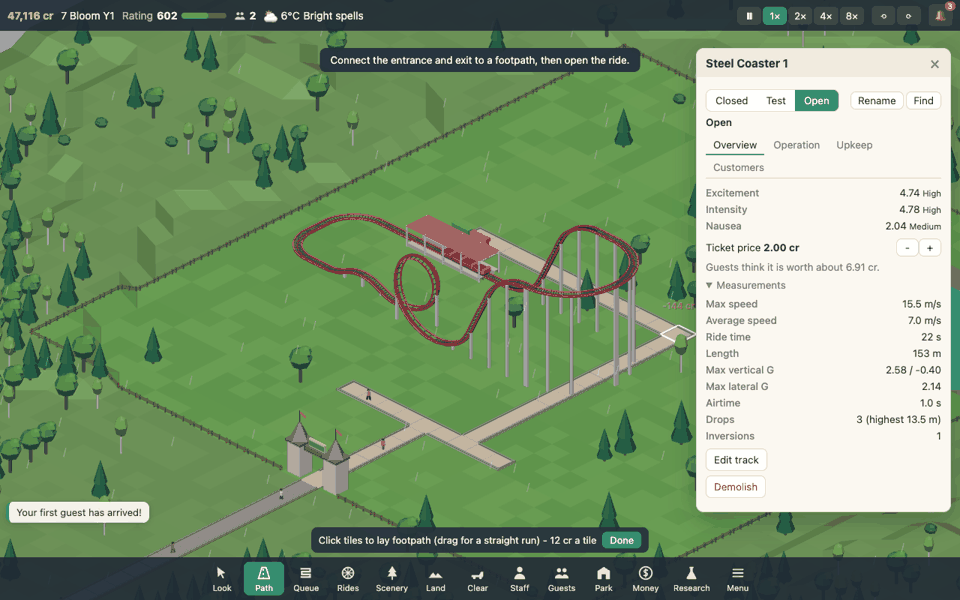 Parkhaven running in the browser — a red steel roller coaster with a vertical loop beside its station, with its ride window showing excitement, intensity and nausea ratings