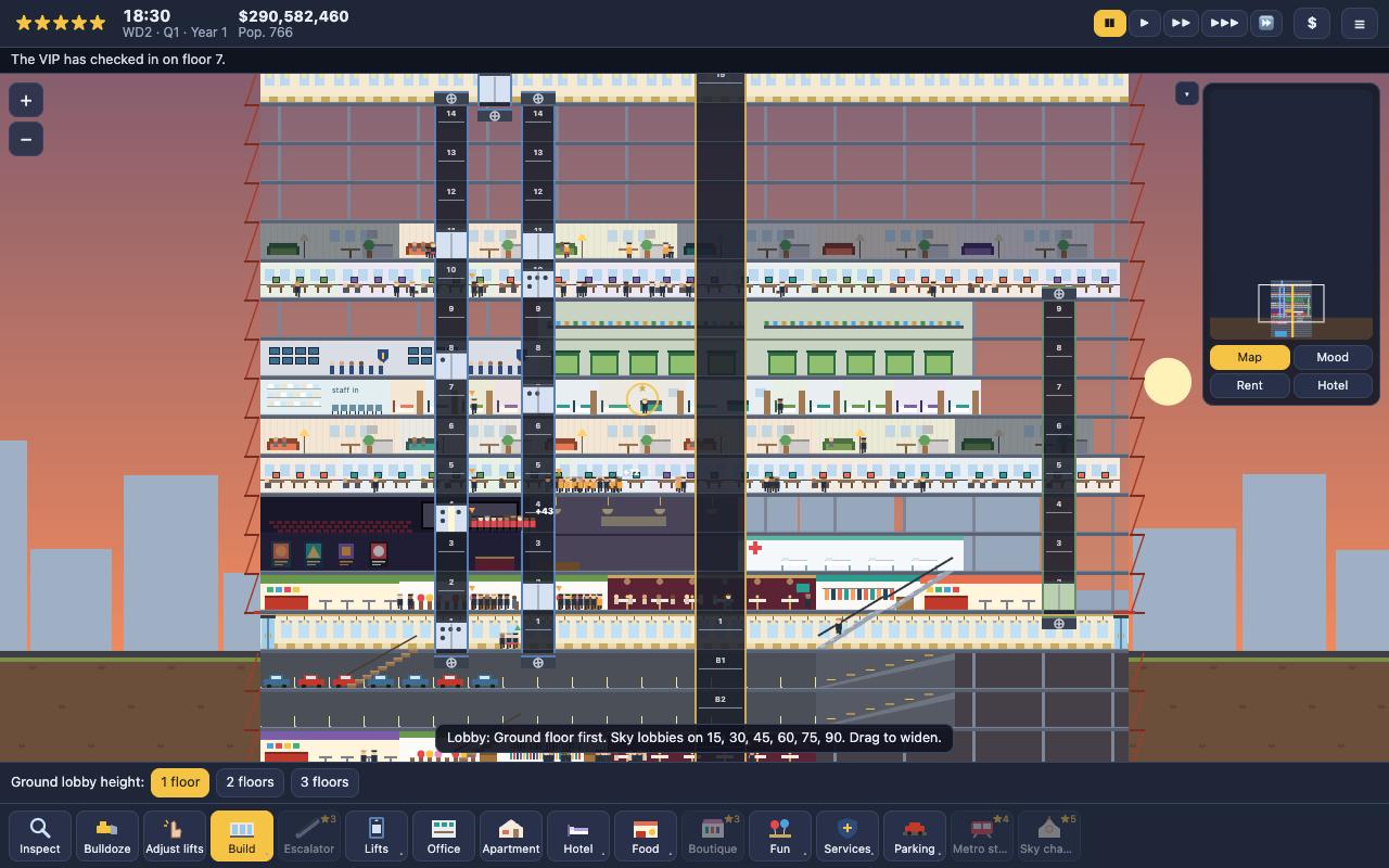 Skyrise running in the browser — a mixed tower of offices, hotel rooms, a cinema and shops at dusk, with three lift shafts
